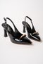 Women's Black Patent Leather Gold Buckle Detailed New Season Heeled Shoes