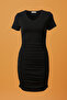 Women's Short Sleeve Adjustable Length Drawstring Black Dress - 3