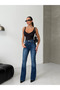 High Waist Dark Blue Flared Women's Denim Pants - 3