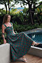 Light Green Plaid Square Neck Long Flounce Dress - 5