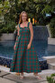 Light Green Plaid Square Neck Long Flounce Dress - 3