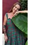 Light Green Plaid Square Neck Long Flounce Dress - 2