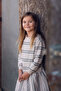 Organic Cream Navy Blue Vertical Floral Patterned Flounce Long Sleeve Girl's Dress - 4