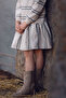 Organic Cream Navy Blue Vertical Floral Patterned Flounce Long Sleeve Girl's Dress - 3
