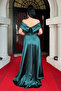 Satin Fabric Boat Neck Evening Dress - Emerald Green - 5