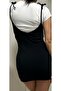 Black Salopet Slit Skirt White Moon Sleeve Crew Neck Crop Suit - 5