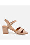 Women's Leather Beige Belted Thick Heeled Sandals