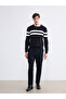 Navy Blue Crew Neck Striped Men's Knitwear Sweater - 2