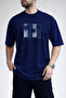 Men's Good Vibes Written Palm Tree Printed Crew Neck Navy Blue T-Shirt - 3