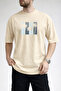 Men's Good Vibes Written Palm Tree Printed Crew Neck Beige T-Shirt - 3