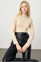 Women's Beige Half Turtleneck Long Sleeve Slim Fit Cotton Body Blouse - 4