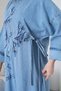 Women's Wide-Fit Long Denim Dress with Beaded Embroidery Detail at the Front and Side Tie. - 5