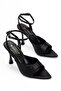 Women's Black Satin Pointed Toe Ankle Strap Detailed Heeled Sandals