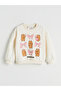 Ecru Crew Neck Capyfun Printed Girls' Sweatshirt