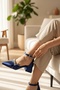 Duun Navy Blue Satin Stone Bow (4 cm Heel) Pointed Toe Heeled Shoes - 6
