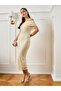 Women Beige Lace Sheath Midi Dress - 3