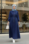 Women's Pleated Detailed Buttoned Lace-Up Dark Blue Denim Dress - 3