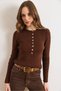 Women's Brown Crew Neck Button Detailed Stretchy Knitwear Blouse Blz-19003207