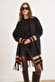 Women's Black Camel Tasseled Poncho Cardigan Hrk-19000338 - 4
