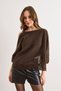 Women's Brown Asymmetric Lace-Detail Three-Quarter Sleeve Knit Sweater KZK-19001156 - 6