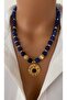 Natural Stone Navy Blue 8 mm & 10 mm Lapis Lazuli Stone with Special Zircon Stone End Women's Plate Design Necklace in Gift Box