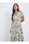 Women Beige Floral Short Sleeves Shirt Midi Dress - 2