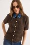 Women's Brown Denim Collared Soft Textured Short Sleeve Knitwear Cardigan Hrk-19000467 - 6