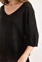Women's Black V-Neck Mercerized Bat Flowy Knitwear Blouse Blz-19003210 - 6