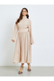 Women Beige Textured Pleated A-Line Midi Dress - 3