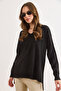 Women's Black V-Neck Slit Back Long Knit Sweater Kzk-19001158 - 3
