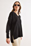 Women's Black V-Neck Slit Back Long Knit Sweater Kzk-19001158 - 5