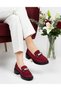Women's Burgundy Suede Stone Buckle Loafer Shoes - 3