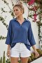 Blue Shirt Collar Buttoned Long Sleeve Washable Casual Muslin Woven Blouse 70 65
