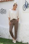 Light Brown Belt Buckle Elastic Waist Elastic Cuffs Casual Gabardine Woven Trousers 100 55 - 3