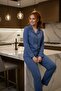 Women's Long Sleeve Buttoned Pajama Set Indigo %100 Cotton - 6