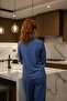 Women's Long Sleeve Buttoned Pajama Set Indigo %100 Cotton - 5