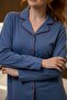 Women's Long Sleeve Buttoned Pajama Set Indigo %100 Cotton - 4