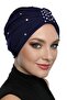Zeni Stone-Lined Handcrafted Embroidered Navy Blue Ready-Made Turban Hijab Cap Suitable for Medical Use - 4