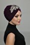 Ripped Lined Embroidered Purple Threaded Motif Ready-made Hijab Hijab Evening Dress Bonnet - 5