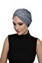 Shattered Lined Embroidered Dark Gray Rose Motif Ready Turban Hijab Evening Dress Cap - 2