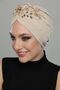Detachable Lining Embroidered Beige Threaded Motif Ready-made Hijab Hijab Evening Dress Bonnet - 2