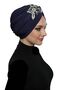 Detachable Lining Embroidered Navy Blue Yellow Lace Motif Ready-made Hijab Hijab Evening Dress Bonnet - 3