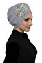 Embroidered Light Gray Beige Lace Motif Ready-Made Turban Hijab Evening Dress Bonnet - 5