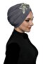 Detachable Lining Embroidered Dark Gray Yellow Lace Motif Ready-made Hijab Hijab Evening Dress Bonnet - 3