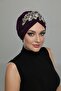 Ripped Lined Embroidered Purple Threaded Motif Ready-made Hijab Hijab Evening Dress Bonnet - 2