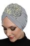 Embroidered Light Gray Beige Lace Motif Ready-Made Turban Hijab Evening Dress Bonnet - 4