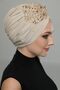 Detached Lined Embroidered Beige Wide Threaded Motif Ready-made Hijab Hijab Evening Dress Bonnet - 4