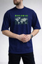 Men's Green Striped World Map Printed Crew Neck Navy Blue T-Shirt - 2