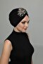 Ripped Lined Embroidered Black Wide Threaded Motif Ready-made Hijab Hijab Evening Dress Bonnet - 4