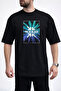 Men's Turquoise and Blue Palm Leaf Crew Neck Black T-Shirt